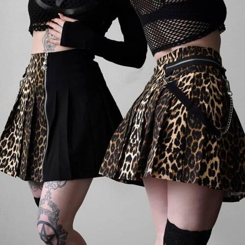 Women Black Leopard Patchwork Skirt Mall Goth Punk Summer Skirt High Waist Pleated Skirt with Chain Y2K Grunge Zipper Skirts