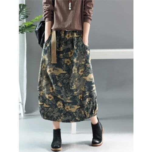 Women Skirt Autumn Winter Retro Loose Denim Skirt 2019 New Female Elastic Waist Sashes pocket Print Mori girl Casual Skirt