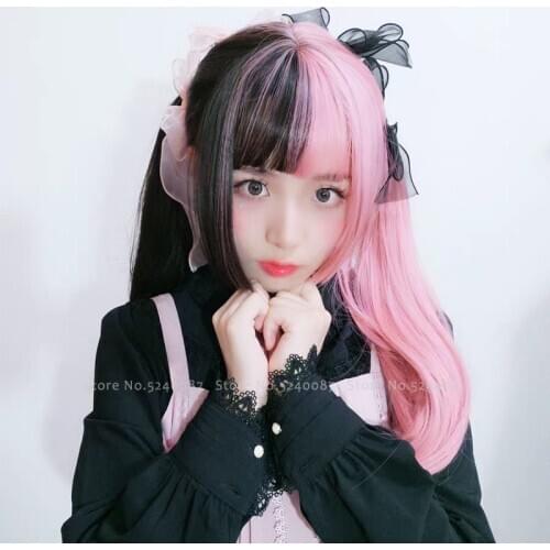 Girls Japanese Anime White Black Pink Wig Cosplay Costumes Women Gothic Two Color Long Hair Stage Party Props Kawaii Headwear