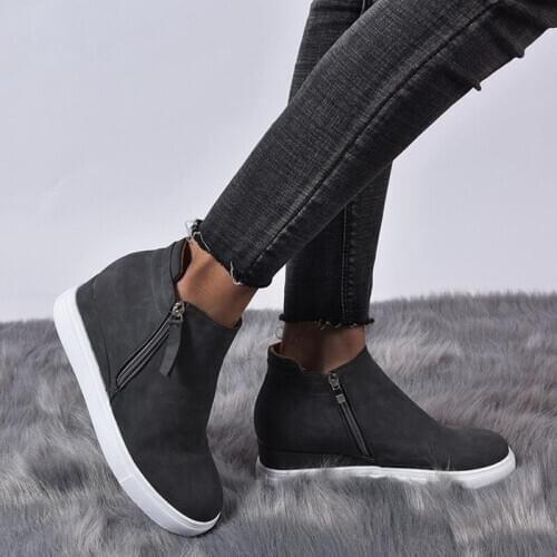 2021 New Ladies Vulcanized Shoes Fashion Side Zipper Wedge Casual Sports Shoes Round Toe Mid-heel Inner Increase Womens Shoes