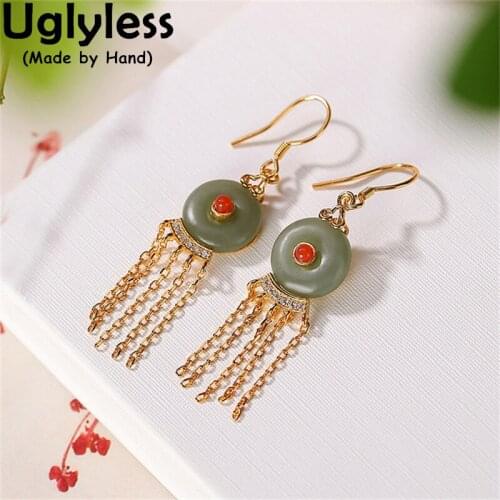 Uglyless Ethnic Silver Little Balls Chains Tassel Earrings for Women Peace Buckle Jade Brincos Hollow Lotus Fine Jewelry E1333