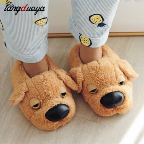 Womens Winter Furry Shoes Cute Cartoon Dog Animal Slippers Casual Warm Home Shoes Woman Fur Slides Ladies Plush Flip-flops Hot
