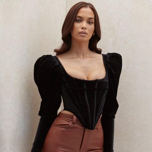 Women Gothic Corset Tops Square Collar Sexy Cropped Tops Long Sleeve Sprint Velvet Blouses Elegant Black Color Women Clothing