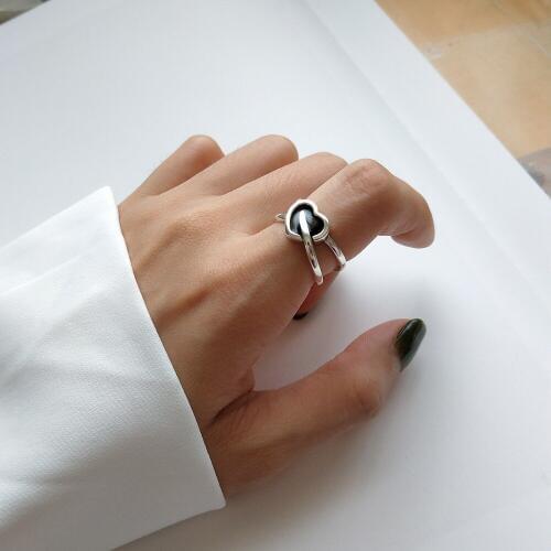Ladys Authentic S925 Sterling Silver Fine Jewelry Black Enamel Heart Love Double Rows Rings J328