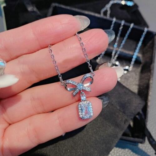 925 Sterling Silver Bowknot Zircon Swaeater Pendant Necklace for Women Shiny Trapezoid Crystal Choker Short Chain Jewelry 2021