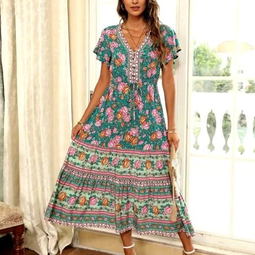 GypsyLady Floral Printed Midi Dress Boho Sexy Summer Dresses for Women V-neck Short Sleeve Ruffles Holiday Female Ladies Dress