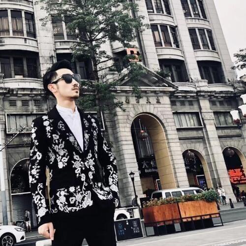 100%real luxury mens black with white flower embroidery jacket club/stage performance/studio/Asia size/this is only jacket