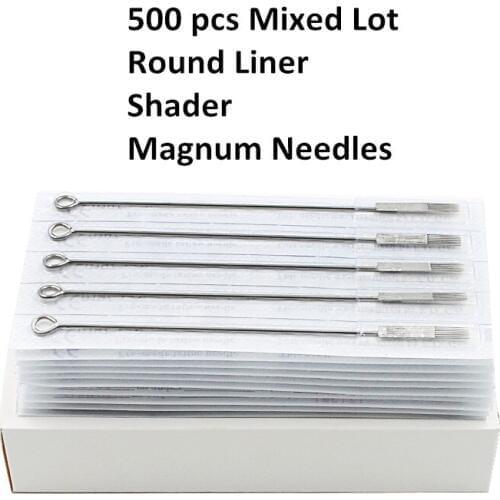 500 PCS/Lot Assorted Sizes Disposable Sterile Round Liner Shader Flat Magnum Tattoo Needles for Tattoo Machine & Grips