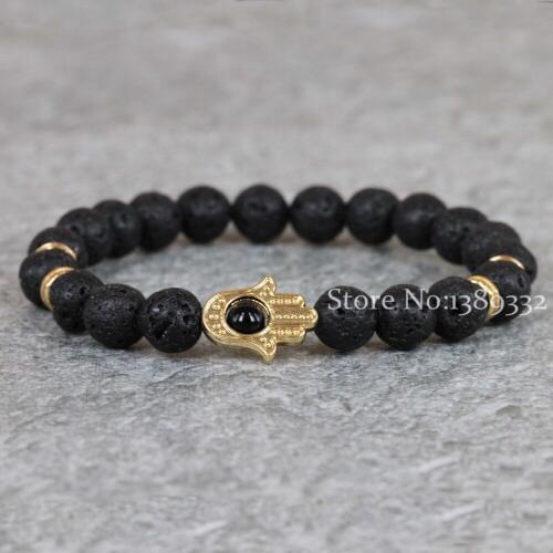 Nature 8mm Black Lava/Nature/Tiger Eye Energy Stone Beads Bracelet, Gold Color Hamsa Hand Charm Bracelet Yoga Mala Bracelets