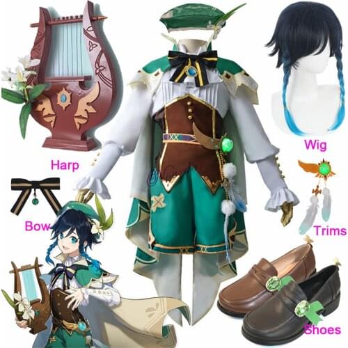 Genshin Impact Cosplay Venti Costume Halloween Anime Game Genshin Impact Venti Cosplay Wig Shoes Harp Prop Outfit