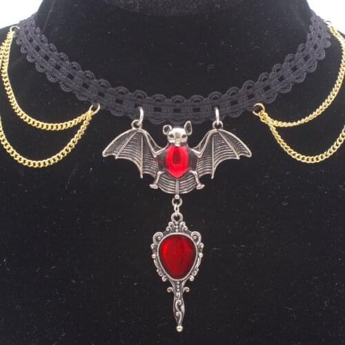 Gothic Dark Wind Ancient Night Elf Bat Blood Color Devil Mirror Tassel Necklace Female Necklace Factory Wholesale VGN010