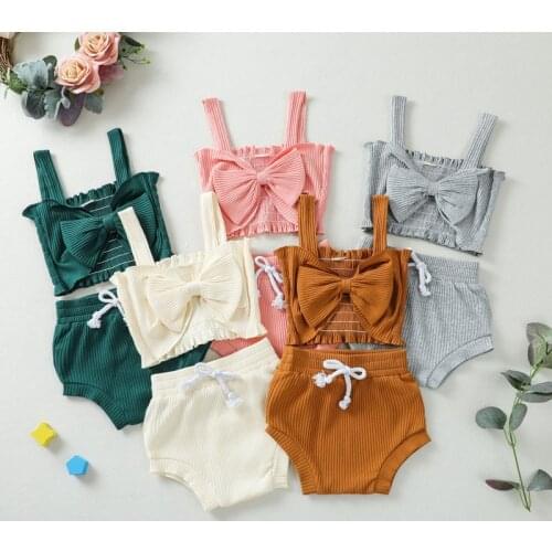 Fashioon New Toddler Baby Girls 2PCS Summer Outfits Solid Color Sleeveless Big Bowknot Front Rib Knit Tank Tops+Shorts Clothes