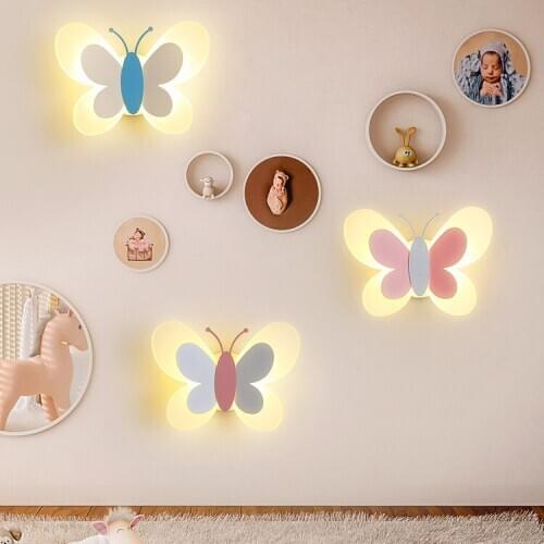 Cartoon Cute Blue Pink Butterfly Wall Lamp Creative Wall Mount LED Light Kids Child Girl Boy Baby Bedroom Nursery School WJ1023