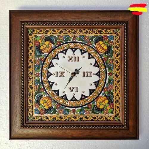 Wall Clock Framed wooden 40 cm./16in. - Ceramics Spanish - Glazed up handmade - 24 k gold - Home and decor - Artecer