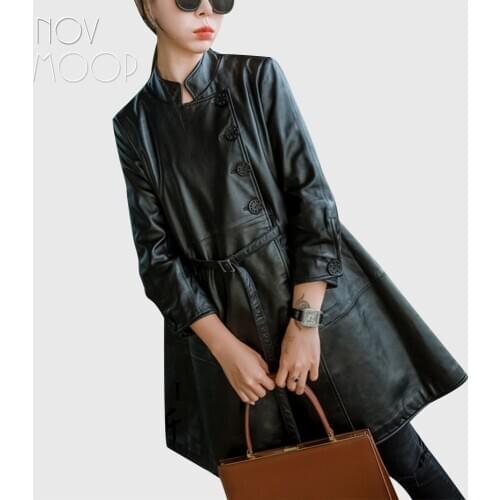 Novmoop oblique placket genuine leather women coat sheepskin could wear as dress adjusted decor front belt Robe en cuir LT3392