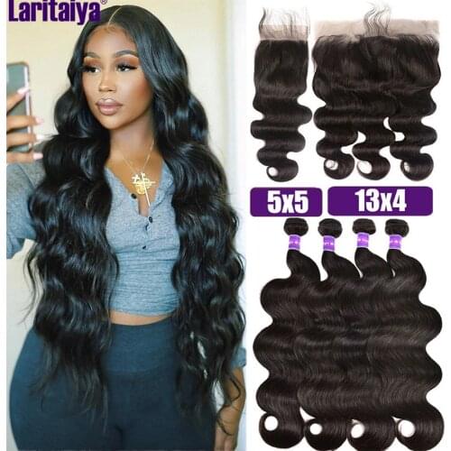 HD 5x5 Body Wave Bundles With Closure Peruvian Human Hair Bundles With Lace Frontal Transparent 13x4 Lace Frontal With Bundles