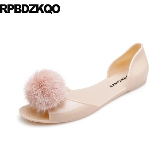 Women sandals 2019 summer cheap slip on rubber clear beach jelly peep toe embellished flat soft pom transparent pink shoes pvc