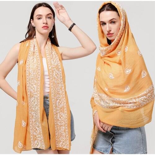 Luxury Muslim Cotton Scarf Hijab for Women Solid Paisley Embroidery Long Shawl Wrap Fashion Headband Bandana 180cm*90cm Foulard