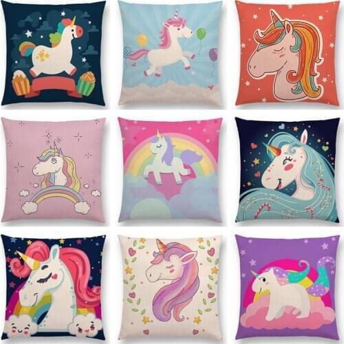 Super Cute Cartoon Unicorn Lucky Fetish Rainbow Light Sky Moon Sun Stars Clouds Flower Colorful Cushion Cover Nice Pillow Case