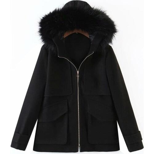 Evfer Women Winter Fashion Faux Fur Hooded Za Loose Black Jackets Outwear Female Stylish Pockets Zipper Woolen Thick Coats Chic