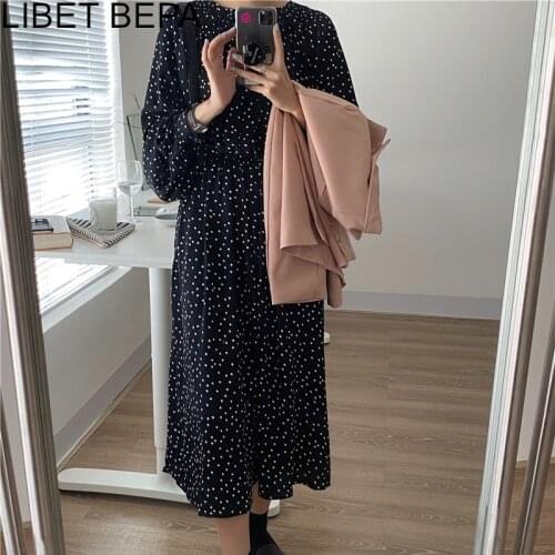 2020 New Women Autumn Winter Dresses Fashionable Dot Print High Waist Vintage Korean Style Wild Lady Oversize Long Dress DR9138A