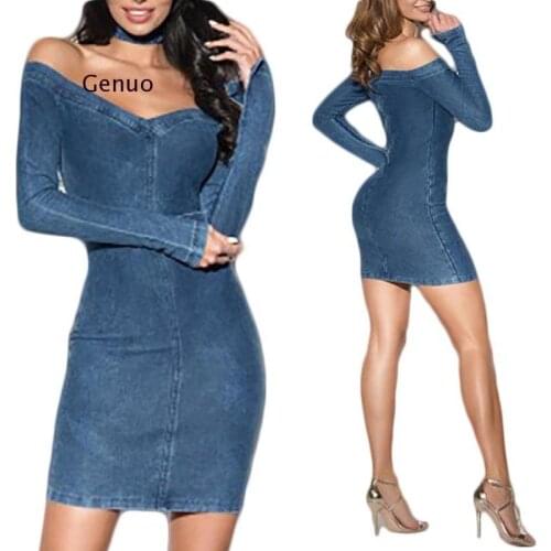Sexy V-neck Strapless Womens Mini Dress Spring Autumn New Long-Sleeved Slim Fashion Denim Dress Sexy Nightclub Womens Dress