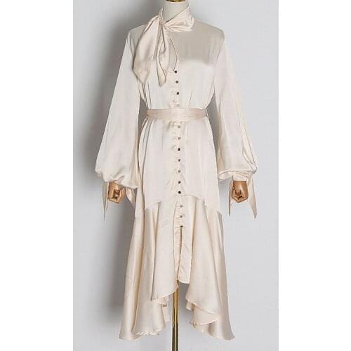 SeeBeautiful Stand Collar Lantern Sleeve Button Patch Irregular Ruffles Loose Dress Woman Spring 2021 New Fashion T149