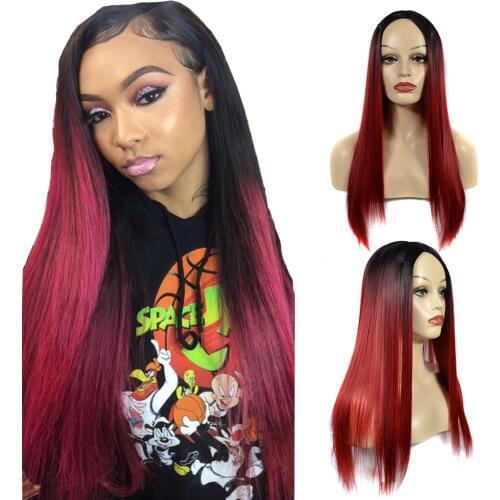 ZM Hair 12 Colors Cheap Long 1b Burgundy/613 Straight Synthetic Wigs Ombre 2 Tone Glueless Middle Part Party Wig For Black Women