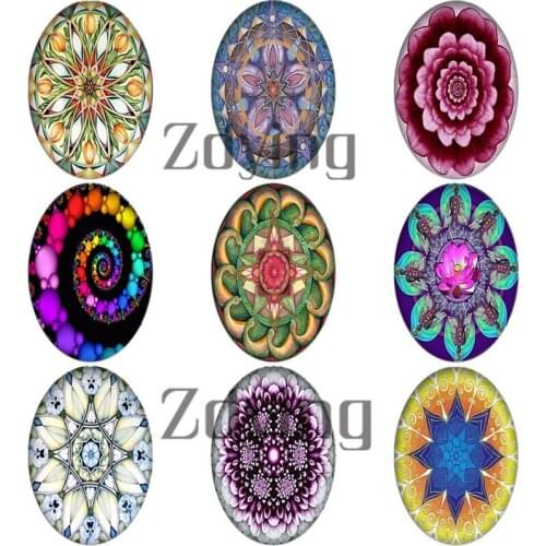 Zdying 10pcs DIY Oval Glass Cabochons Mandala Flowers Image Dome Demo Flat Back Base Jewelry Findings Charm For Necklace Brooch
