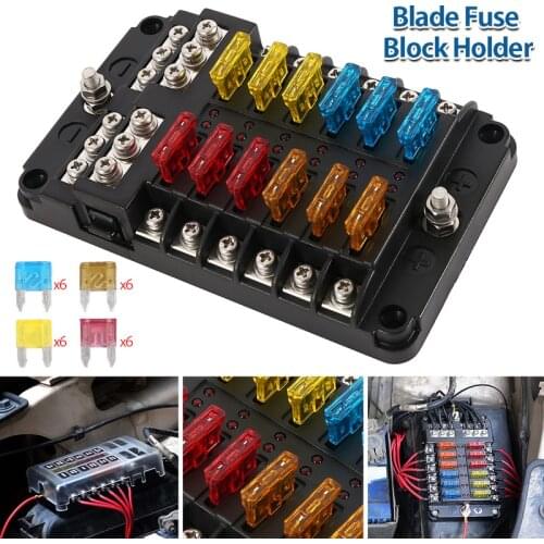 12 Way Blade Fuse Block Holder LED Warning Indicator Damp-Proof Cover Fuse Box for Car Boat Marine RV Truck DC 12-24V