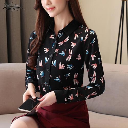 Blusas Mujer 2021 Spring New Korean Long-sleeve Women Blouse Doll Collar Loose Retro Printed Chiffon Ladies Shirts Tops 8475 50