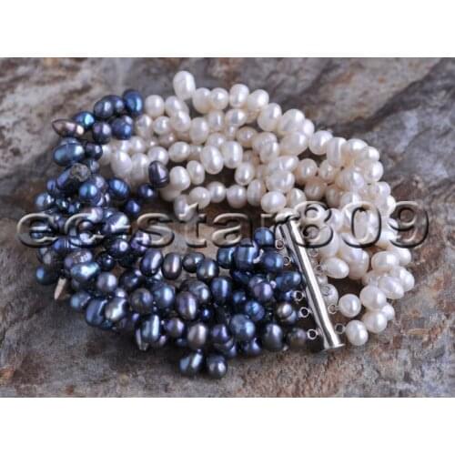 P6655 6Row 8" 7mm Black White Rice Freshwater PEARL Bracelet Magnet