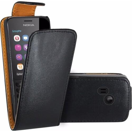 Black Flip Premium Leather Skin Bag Case Cover For Nokia 222 / Nokia 222 Dual Sim