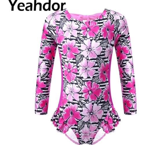 Kids Girls Summer Swimwear Long Sleeves Self Tie Back Print Ruffle Trim Swim Jumpsuit Bodysuit for Beach Pool Swimming Bathing