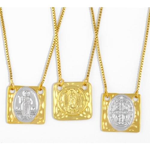 FLOLA Polish Virgin Mary Necklaces For Women Gold Filled Square Cross Pendant Necklace Protection Christian Jewelry Gifts nkes13