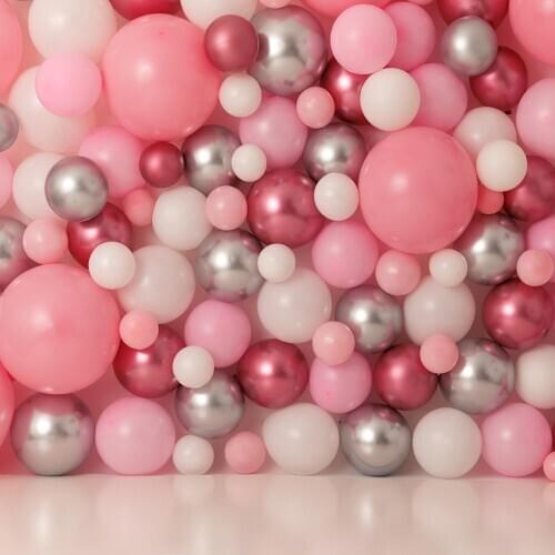 Photography Backdrop Girl 1st Birthday Background Whole Wall Of Balloons Pink Silver Cake Smash Banner Photoshoot Portrait Kid