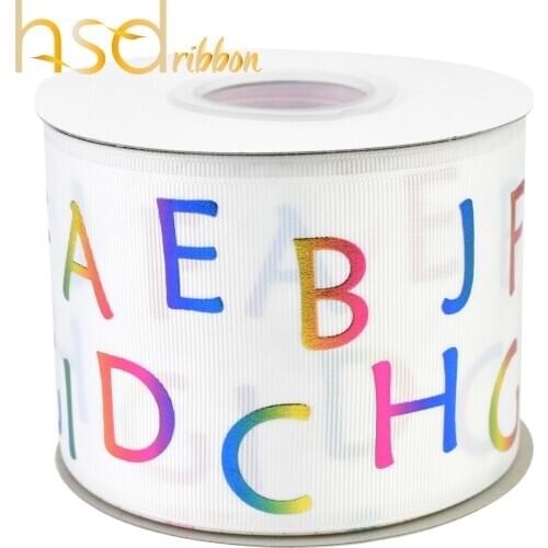 HSDRibbon 75mm 3 inch Designer make English alphabet on White grosgrain ribbon