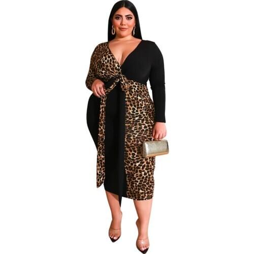 Plus Size 5XL Leopard Sexy Dress Deep V-neck Long Sleeve Contrast Elegant Party Dresses Bodycon Maxi Long Dress Vintage Vestidos