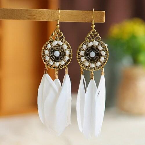 Dream Catcher White Feather Earing Indian Jhumka Boho Summer Round Hollow Dangle Hanging Earrings For Women boucle oreille femme