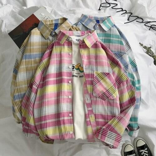 Mens Spring Summer New Casual Shirts Male Plaid Long Sleeve Harajuku Oversize Shirts Men Korean Couples Streetwear Tops 3 Color