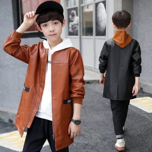 2018 Autumn New Childrens Clothing Boy Big Boy Korean Version of The Casual Long Section Leather Solid Color Coat A Generation