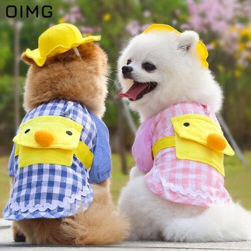 OIMG Pet Small Dog Clothes Short Sleeve Dog Shirts With Dog Hat Plaid Cartoon Duck Cosplay Dog Backpack Chihuahua Pomeranian