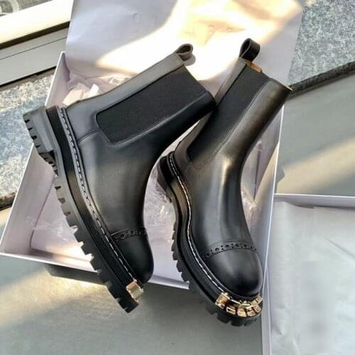 Autumn New leather cowhide gold tooth metal thick heel elastic cloth and motorcycle women Martin boots