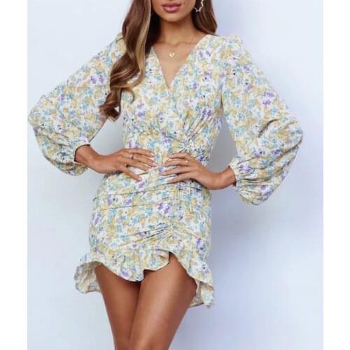 Foridol Lantern Sleeve Ruched Floral Print Boho Autumn Dress Ruffle Bodycon Short Party Dress Vestidos De Fiesta 2021