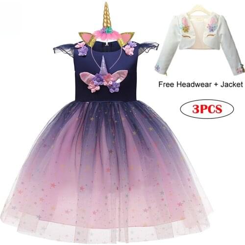 Unicorn Rainbow Dress Lace Ball Gown Baby Girls Princess Birthday Party Evening Dresses Teenager Flower Girls Wedding Costume