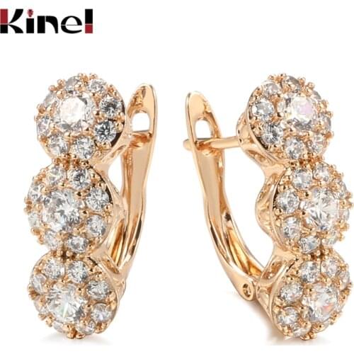 Kinel Luxury Women 585 Rose Gold Stud Earrings Micro-wax Inlay Natural Zircon Geometry Earrings Bride Wedding Fine Jewelry