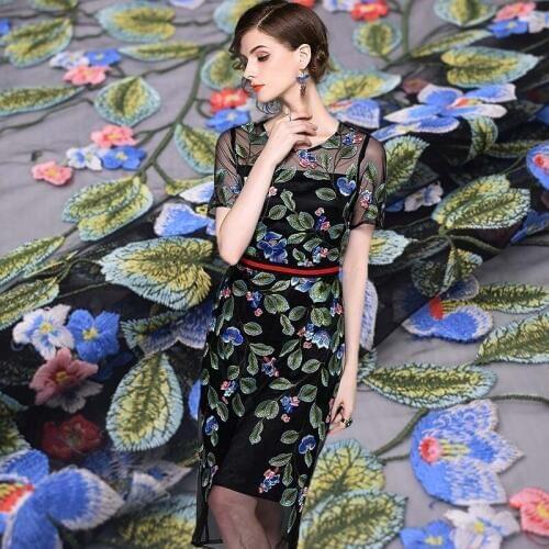 Green leaves mesh embroidery lace fabric for dress ткань ткани tissu telas por metro bazin riche getzner tissus кружево stoffen