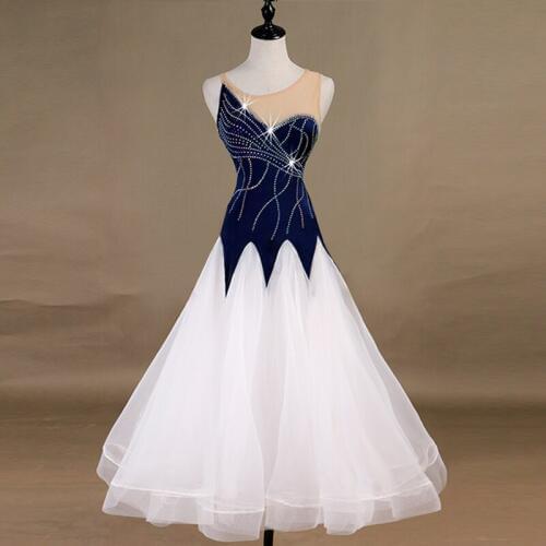 Blue Elegant White Skirt Modern Ballroom Dance Dress Women/Female/Ladies Professional Dance Competition Costumes DQL249