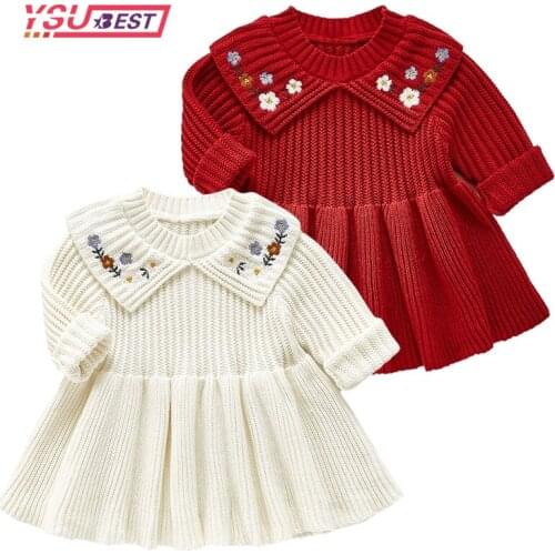 New Girl Baby Sweater Knitted Dress Children Warm Sweater Dress Embroidery Girls Infant Casual Pure Color Pleated Princess Dress