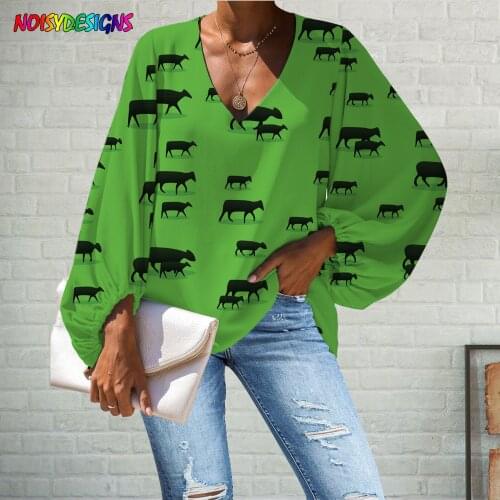 WHEREISART Long Sleeve Chiffon Blouse Women Cartoon Cows Pattern Green Ladies Clothes Fashion Chiffon Shirt V-Neck Chemise Femme